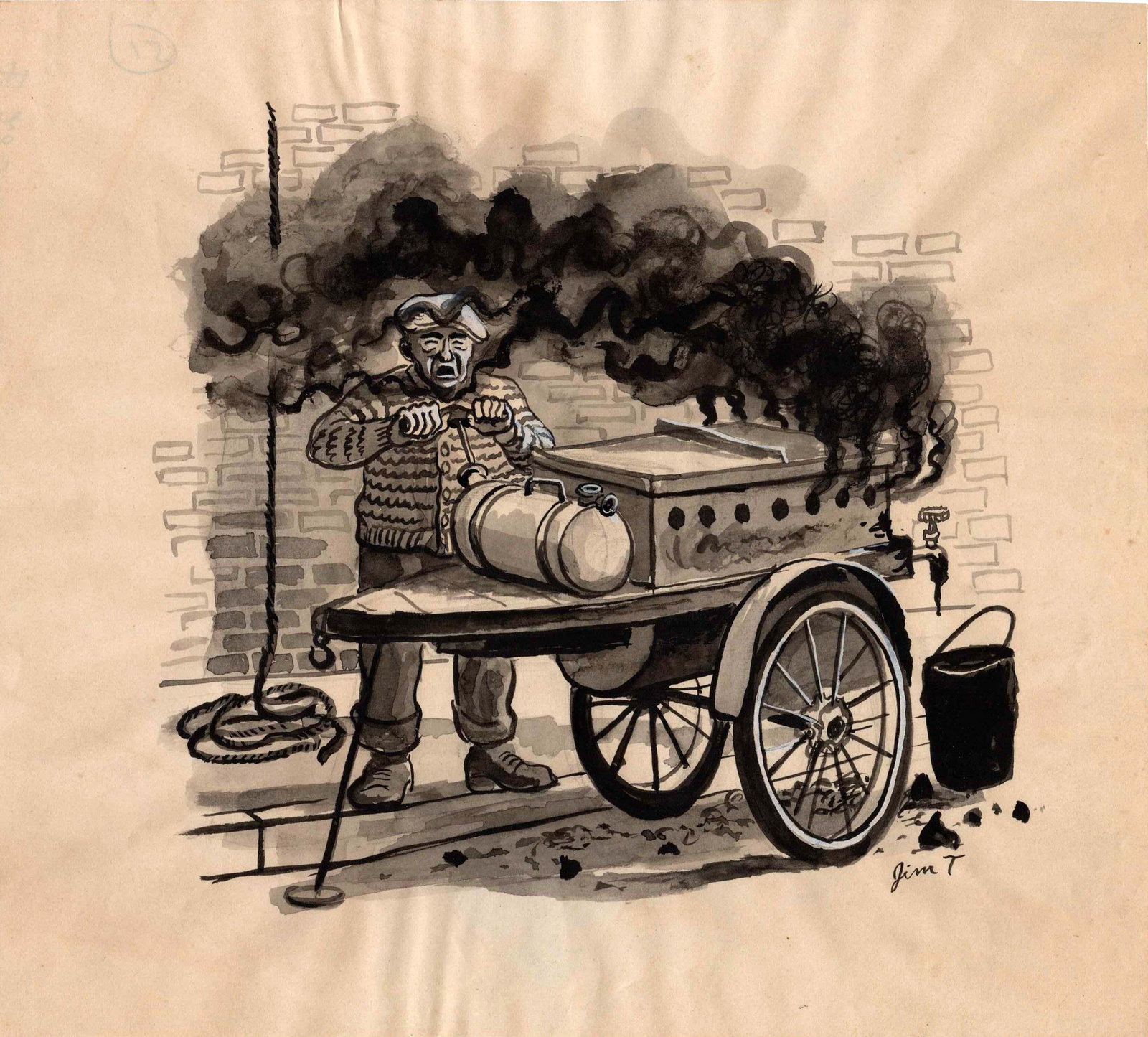 James Turnbull (1910-1976): "New York Street Vendor", c. 1940, Ink Wash on Paper, 8.5" x 9", Signed Lower Right.