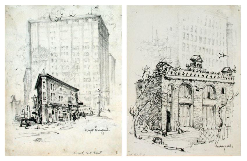 Margaret Lowengrund (1902-1957): Lot of Two: New York Scenes, c. 1940, Charcoal on Paper (both) 8.5" x 11" (both) Signed Lower Right (both). Note; Commissioned by the New York Post.