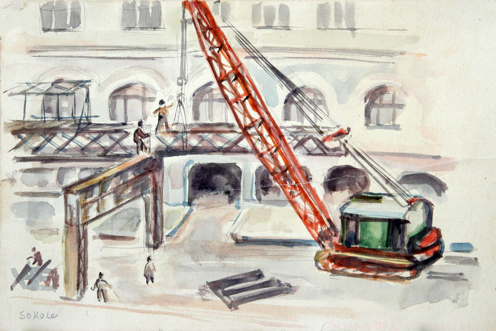 Miron Sokole (1901-1985): "Construction, Elevated Train Tressle", c. 1930, Watercolor onPaper, 7" x 10", Signed Lower Left.