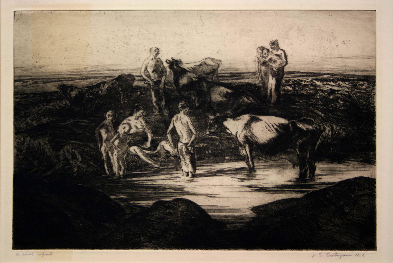 John Costigan (1888-1972): "A Cool Spot", c. 1940, Drypoint Etching, 8" x 11", Signed Lower Right