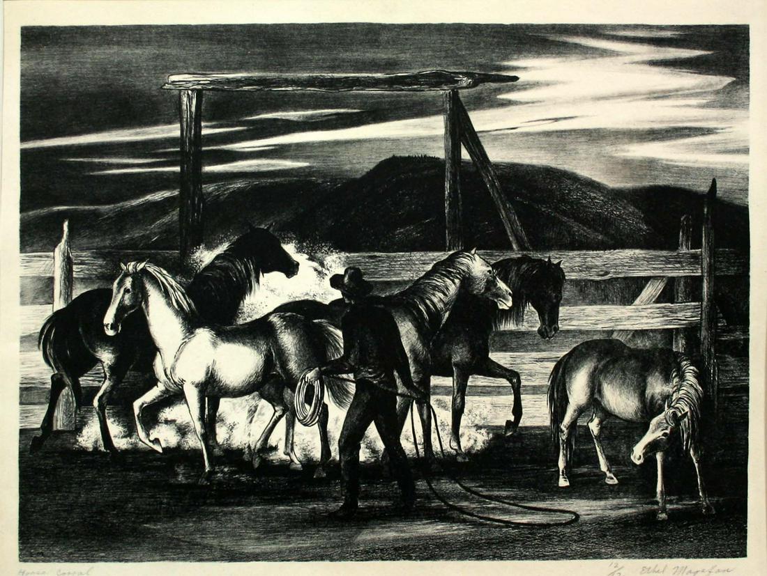 Ethel Magafan (1916-1993): "Horse Corral", c. 1945, Lithograph, 10" x 5", Signed Lower Right.