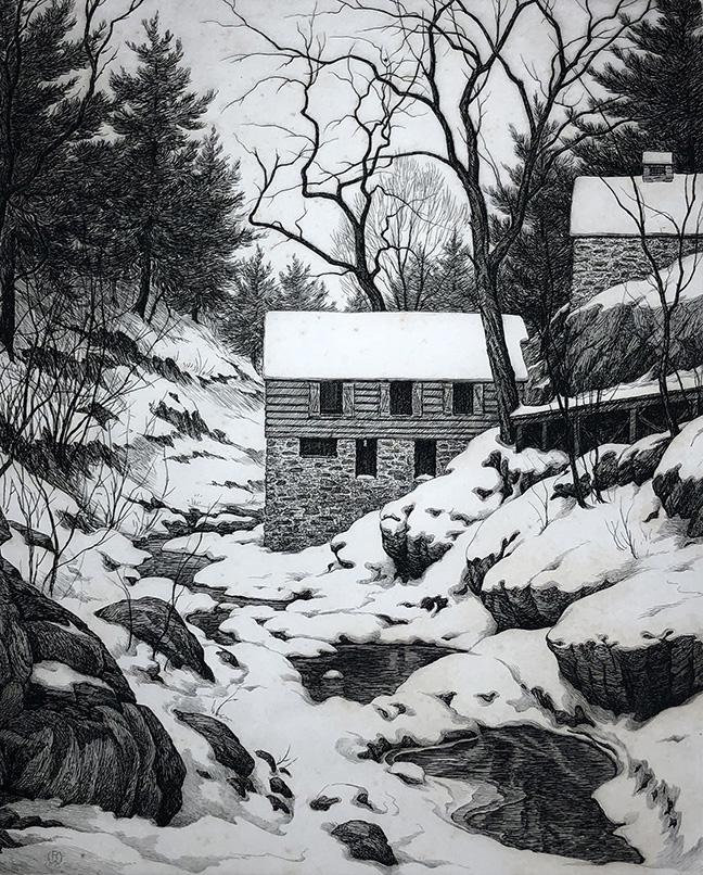 Ronau Woiceske (1887-1953): "Terwillgers Mill, Saugerties," c. 1940, Etching, 10" x 8", Edition: 12.