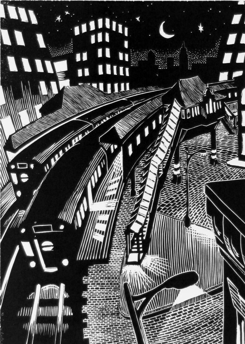 Rick Pantell (2oth Century): "City Life", 20th Century, Linocut, 7" x 5", Signed Lower Right
