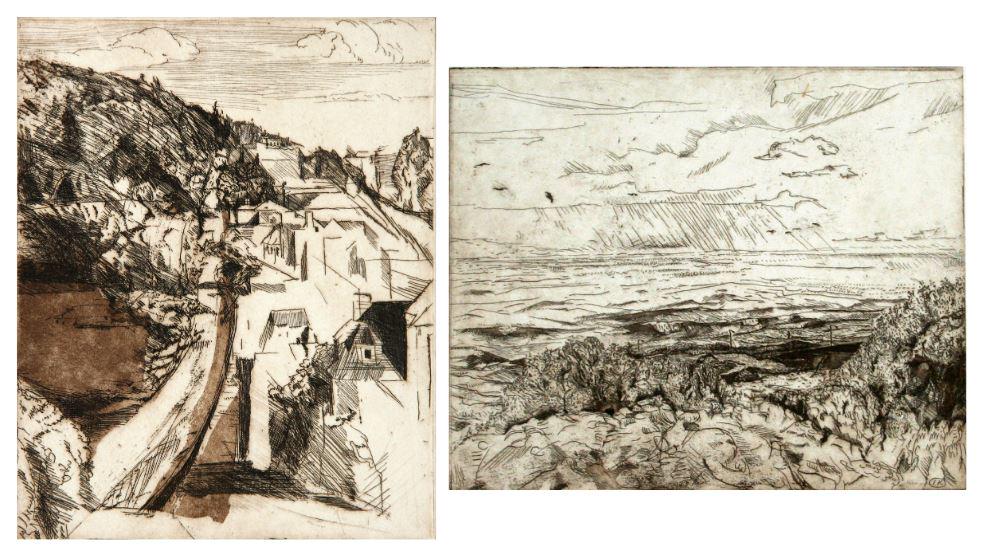 Ikuru (20th Century): Lot of Two: Drypoint Etchings A. "San Francisco Hills", 1973, 8" x 6.25", Signed Lower Right. B. "San Francisco Beach", 20th Century, 9" x 10.5", Signed Lower Right.