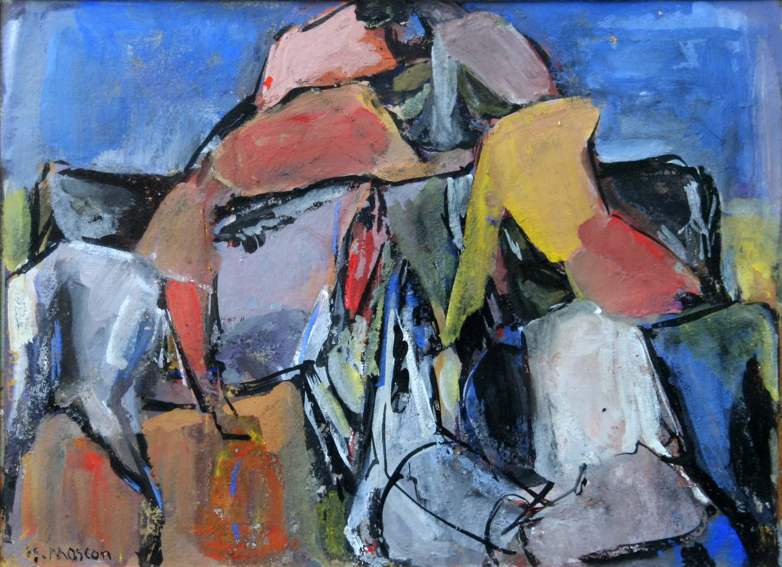 Hannah Mascon (20th Century): "Skirmish", 20th Century) Gouache on Paper, 11" x 14.5", Signed Lower Left. Note: Collectors of American Art, NY, NY label on verso.