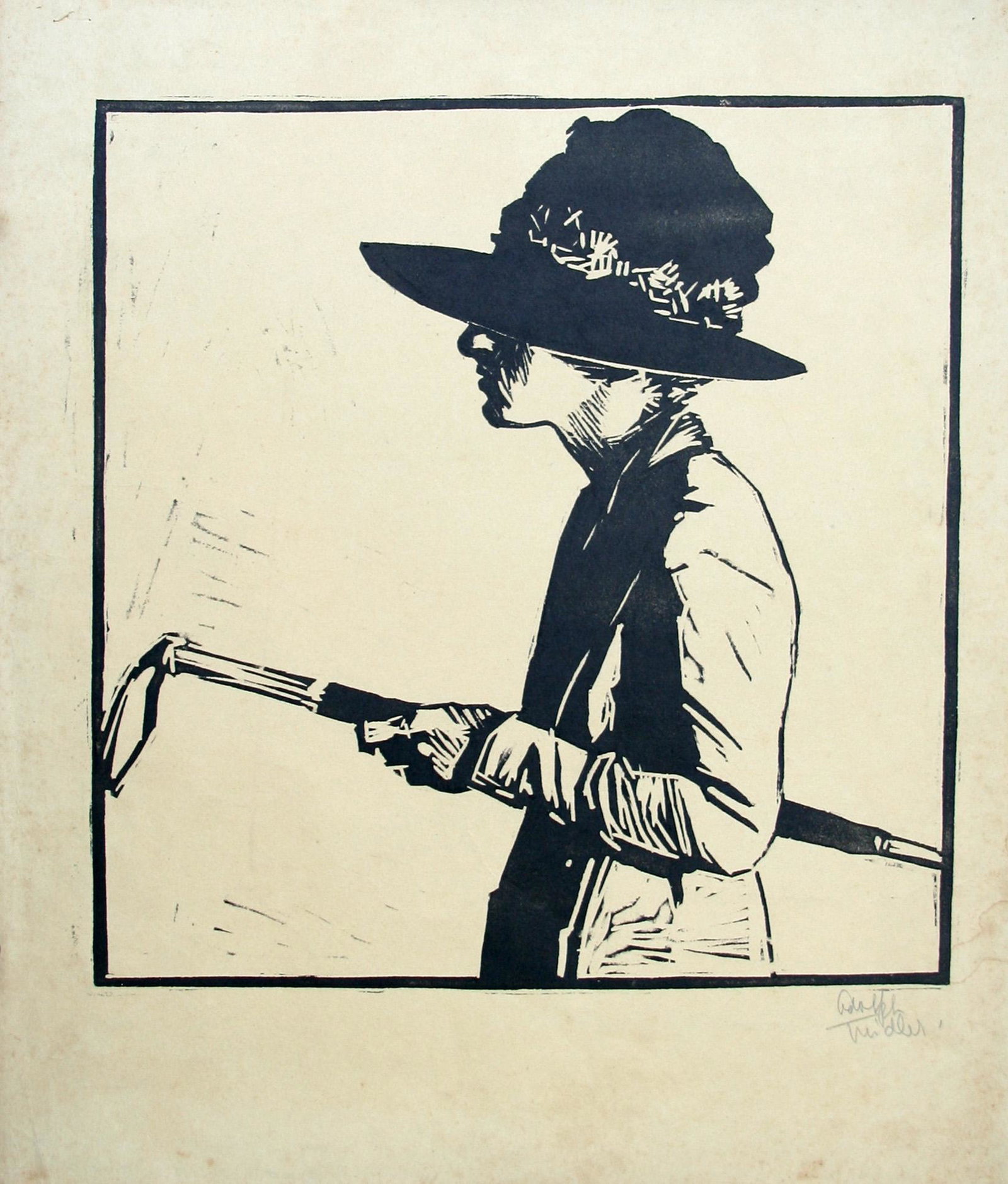Adolph Treidler (1886-1981): "Woman with Umbrella", c. 1930, Woodblock Print, 12" x 11", Signed Lower Right.