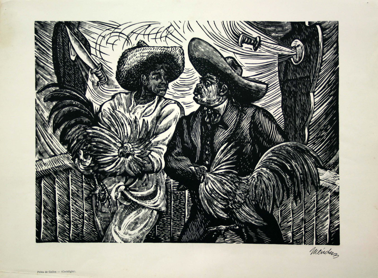 Leopoldo Mendez (1902-1969): "Pelia de Gallos" (Cockfighth) c. 1950, Lithograph, 10.75", x 14.75", Signed Lower Right (in plate) Note: From "10 Grabados de Leopoldo".