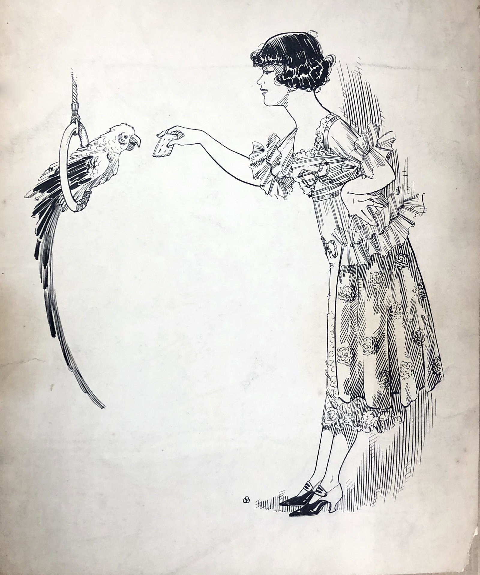 Unknown: "Model and Parrot", c. 1925, Ink on paper, 12" X 10", Monogram, Lower Center.