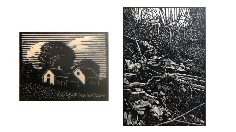 Asa Cheffetz (1896-1965) Barry Mosser (b. 1940): Lot of Two: A. Cheffetz, "L'Ete", 20th Century, Wood Engraving, 3/4" x 1/2", Signed Lower Right. B. Moser "Moraine - Albany", 1988, Wood Engraving, 6" x 3.75", Signed Lower Right. The Print Club of Al