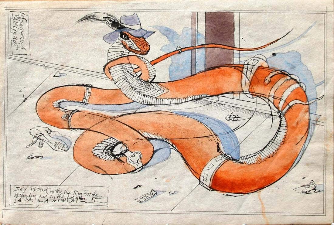 Jason McWhorter (1943-2018): "Ring Snake", 1974, Ink and Watercolor on Paper, 12" x 18", Signed Upper Left. Note: Member The Push Pin Studio Group, NYC.