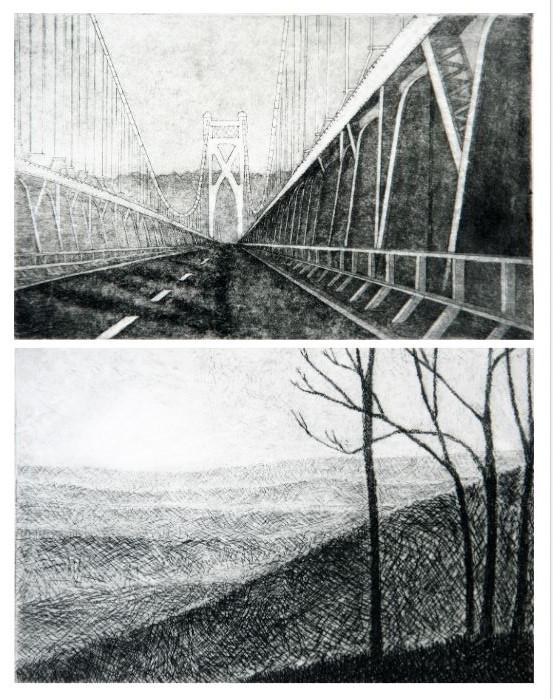 Sheila McGowan (20th Century): Lot of Two:. Etchings A. "Mid-Hudson Bridge II", Edition: 7/12. B. "Shawangunk Ridge", Edition 8/15. 4" x 6" (both) Signed Lower Right (both).