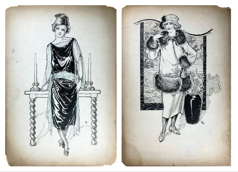 Unknown: Lot of Two: Haute Couture illustrations. A. Ink and Watercolor on Illustration Board, 4" x 10". B. Ink on Illustration Board, 13" x 19", Monogramed Lower Right (both).