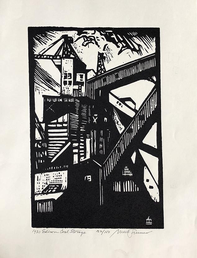 Mark Freeman (1908-2003): "Edison Coal Storage", 1930, Woodcut, 8.5" x 5.75", Signed Lower Right. Edition: 122/150.