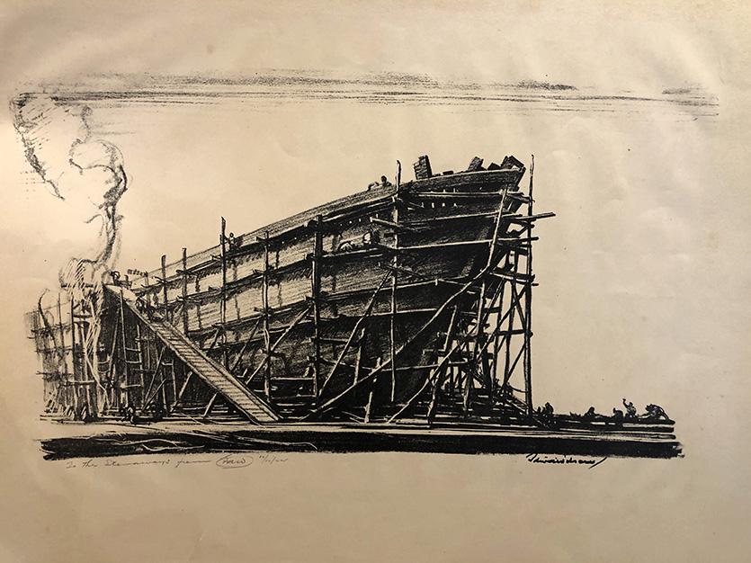 Edward A. Wilson (1886-1970): "Ship's Hull Under Construction", 1922, Lithograph, 11" x17", Signed Lower Right.