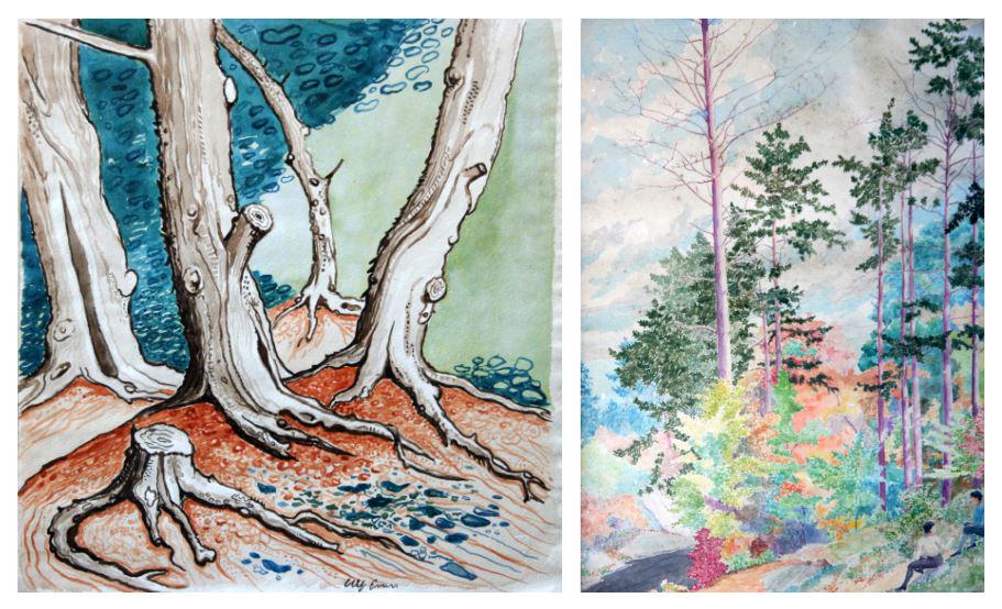Alf (1905-2004) and Ivar (1866-1955) Evers: Lot of Two: Alf "Trees", c. 1950, Watercolor on Paper, 12" x 11", Signed Lower Right. Ivar "Idlers in Autumn", c. 1920's, Watercolor on Paper, 15" x 11", Signed Lower Right. Note: A. Original frame av