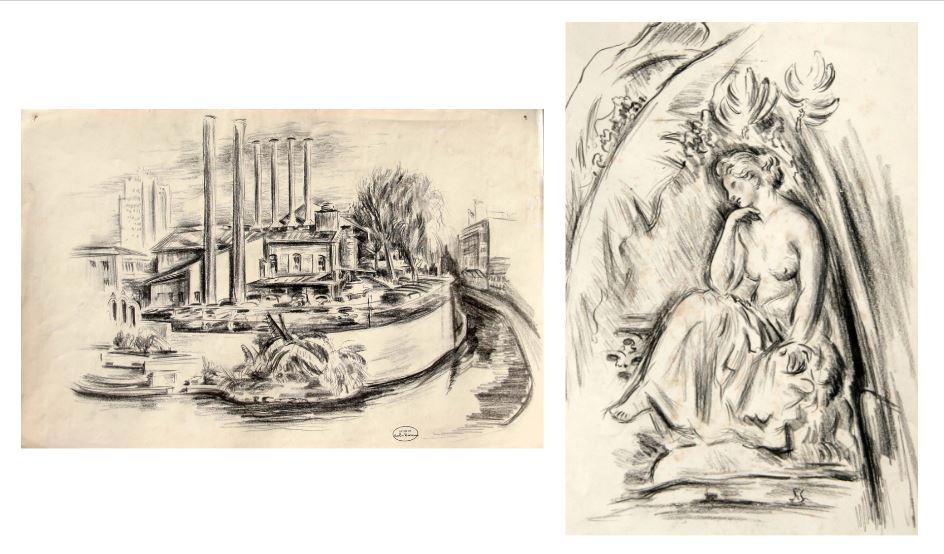 Charles Rosen (1876-1950): Lot of Two: Charcoal on Paper Drawings A. "Canal, Sanantonio, Texas" (20th Century) 12" x 18", Estate Stamp Lower Right. B. "Sculpture in the McNay Museum, San Antonio, Texas", 18" x 12", Signed Lower