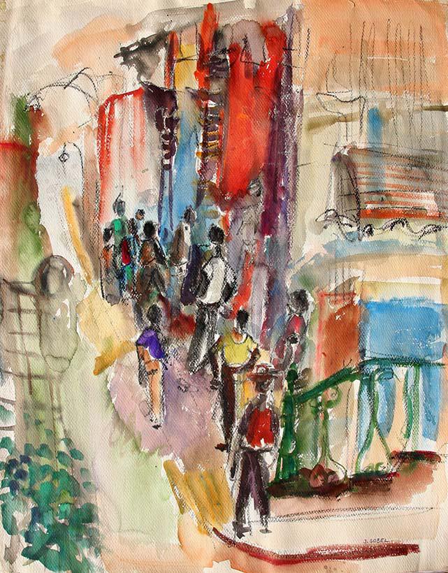 Jehudith Sobel (1924-2012): "Street Scene, NY", 20th Century, Watercolor and Charcoal, 28" x 22", Signed Lower Right.