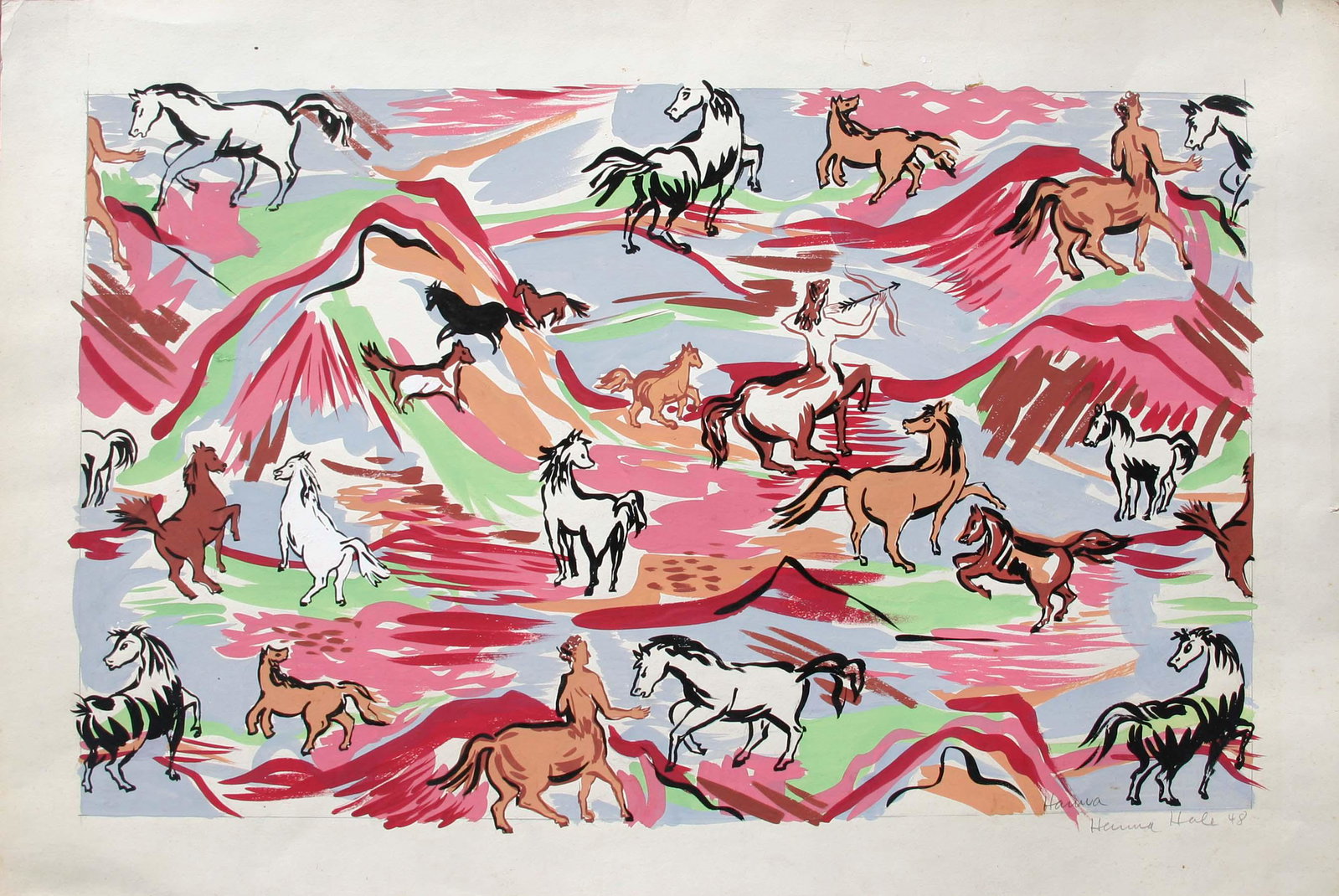 Hannah Hale (20th Century): "Centaurs and Horses", 1948, Gouache on Paper, 14.5" x 23", Signed Lower Right. Note: Fabric design
