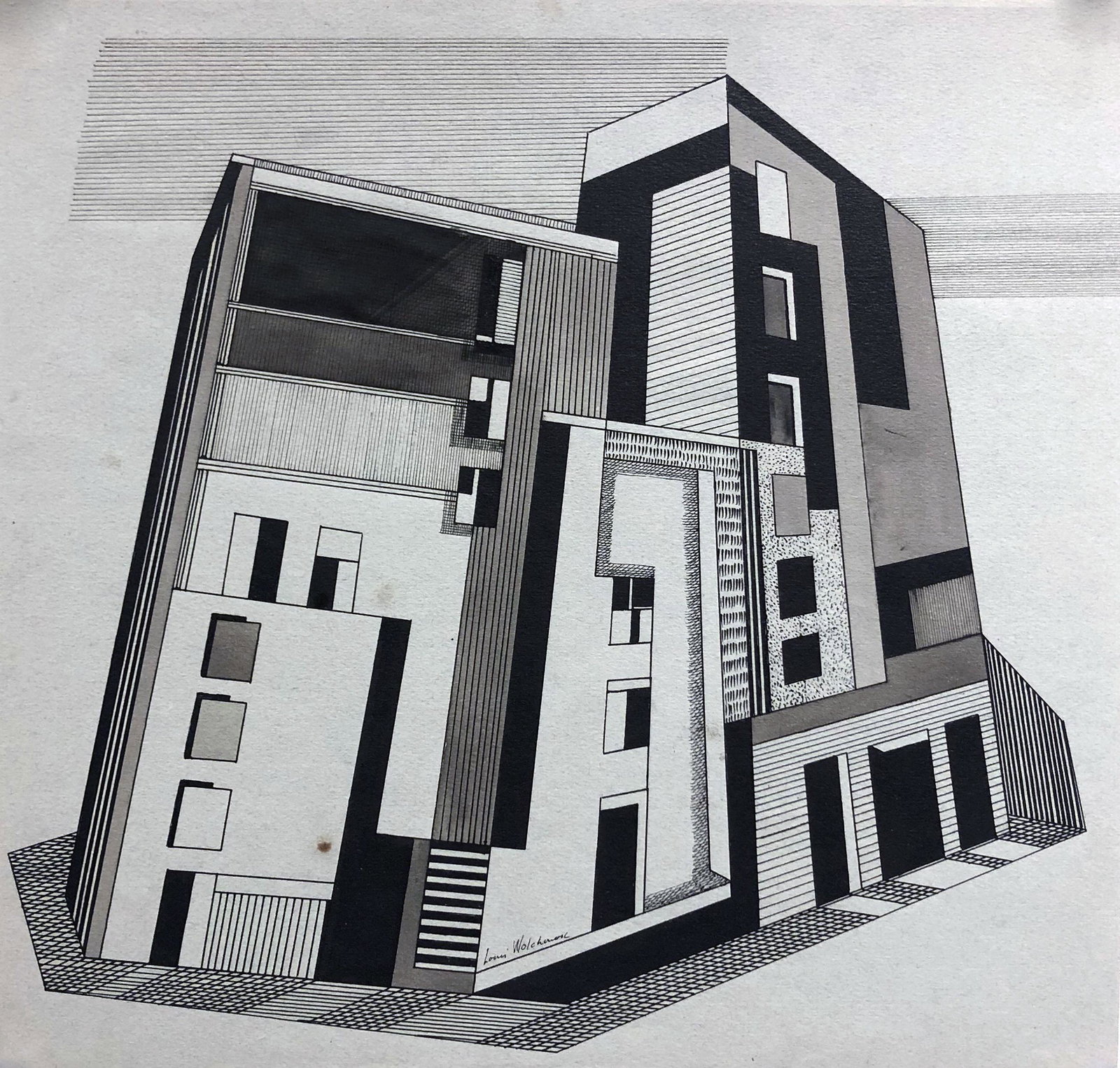 Louis Wolchonok (1898-1973): Untitled - Architectural Design; c. 1950; Ink on Paper; 12" x 12.5"; Signed Lower Center; Unframed. Note: minor foxing lower left.