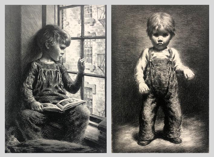 James Ormsbee Chapin (1887 - 1975): LOT OF TWO: "Child at Window"; Lithograph; 13" x 9.75"; Signed Lower Right; Unframed. Inscribed Lower Left "To Beverly + Phil". "Here I Am"; c. 1943; Lithograph; 12" x 7.75"; Signed Lower Right