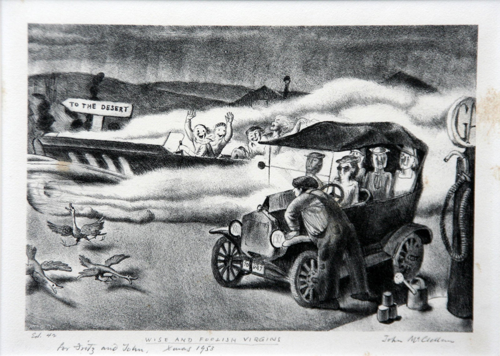 John McClellan (1908 - 1986): "Wise and Foolish Virgins"; 1937; Lithograph; 7"x 10"; Signed Lower Right; Framed. Inscribed Lower Left "For Fritz and John, Xmas 53: