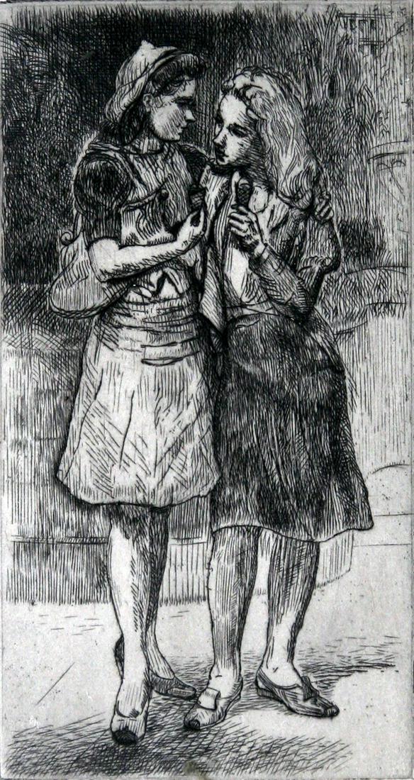 Isabel Bishop (1902 - 1988): "Ice Cream Cones"; c. 1945; Etching; 7.5" x 4"; Signed Lower Right; Framed. Note: Collectors of American Art, Inc. stamp on verso