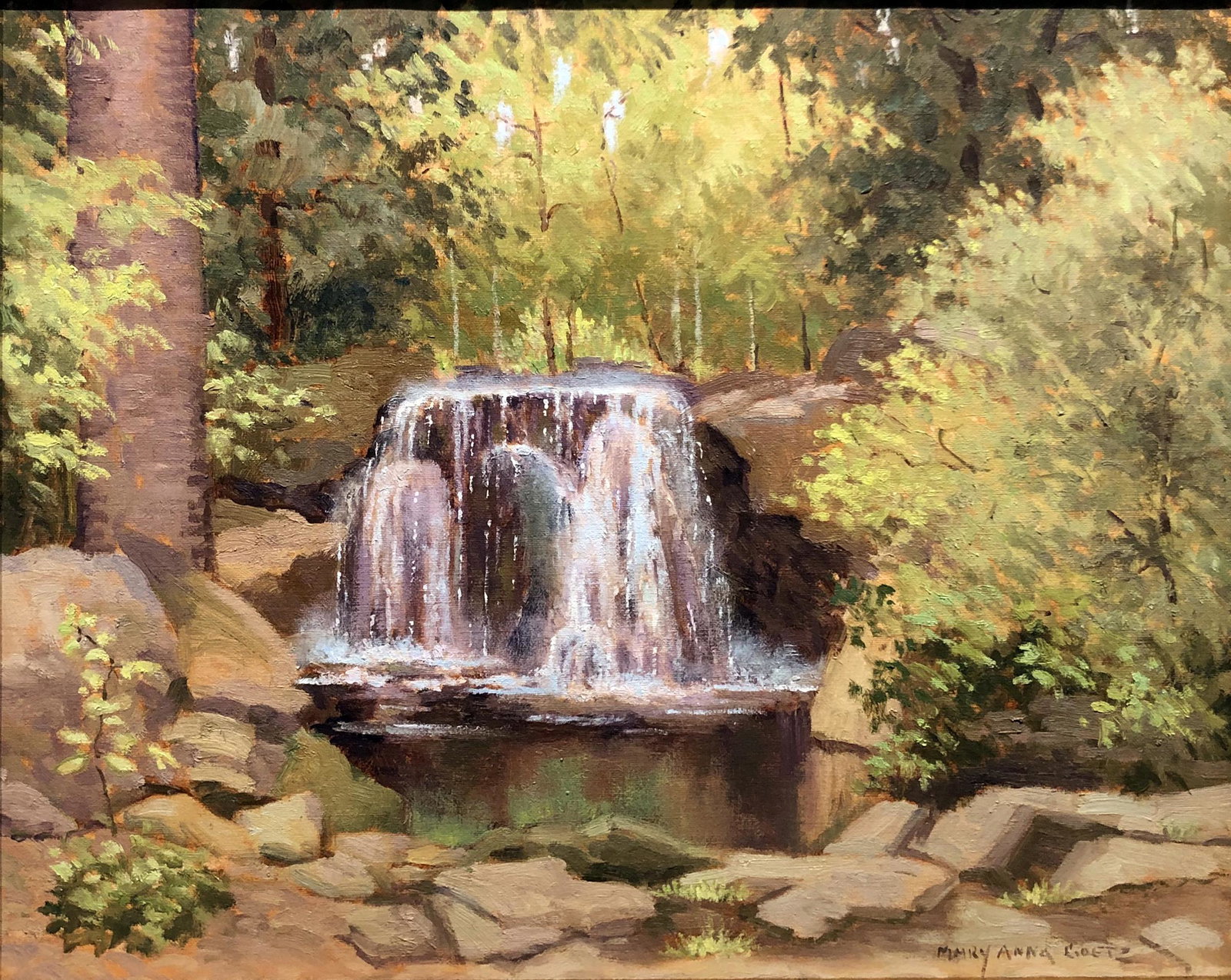Mary Anna Goetz: "Waterfall Near the Loch - Central Park, NYC"; 2007; Oil on Canvas; 16" x 20"; Signed Lower Right; Framed