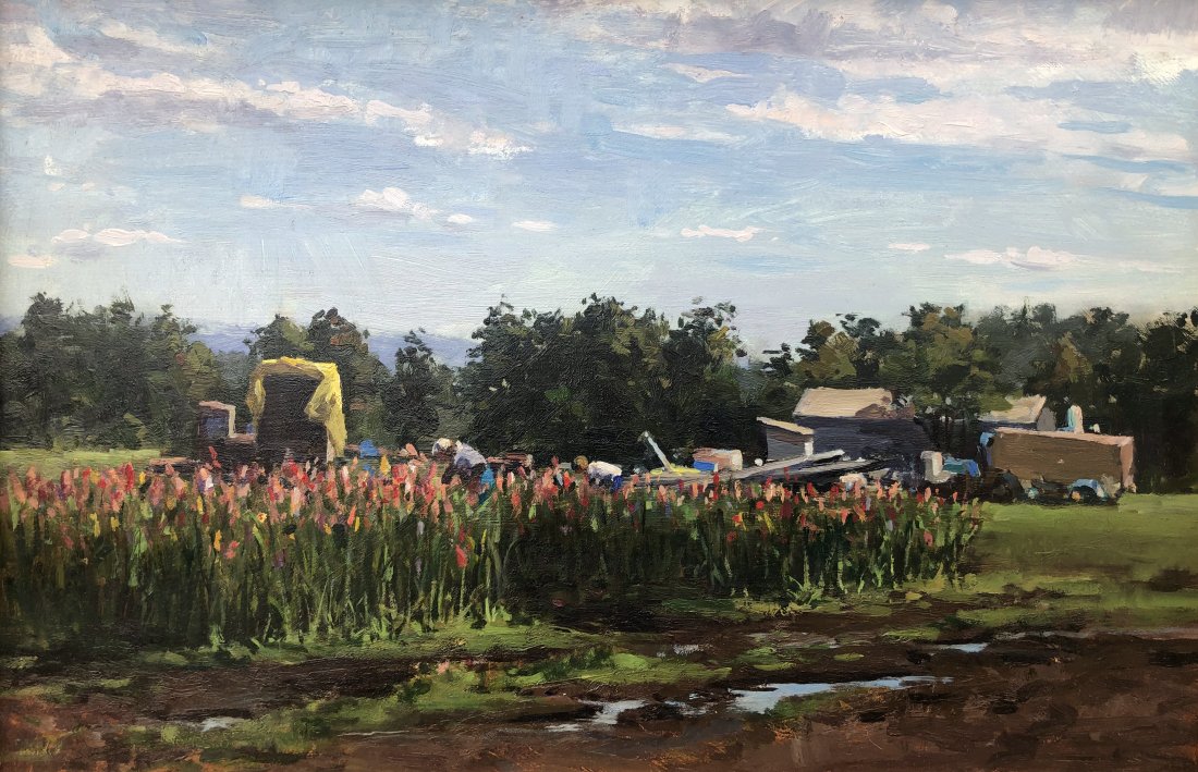 Bruce North (b. 1940): "Picking Glads"; c. 2000; Oil on Board; 10" x 15"; Signed on Verso; Framed