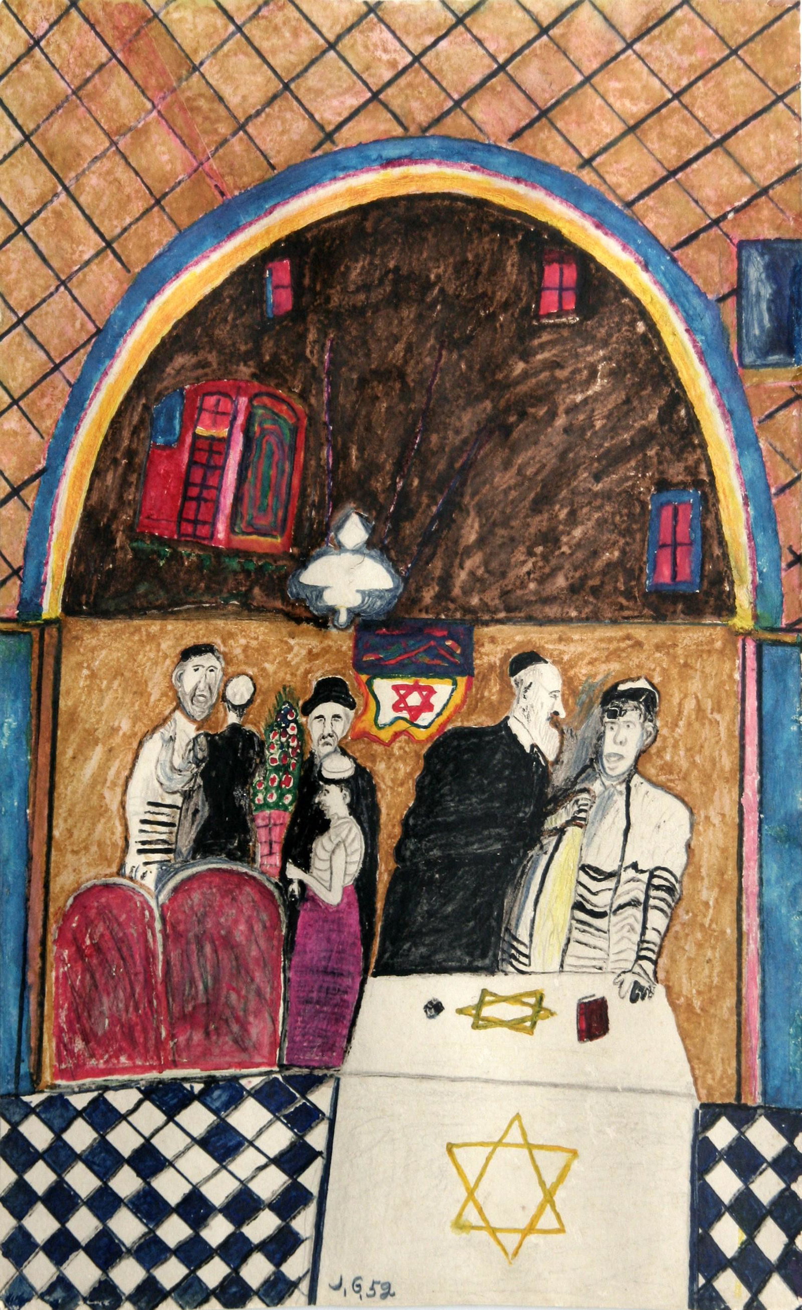 Joseph Garlock (1884 - 1980): "Synagogue Interior with Ceremony"; 1952; Paint and Graphite on Paper; 16.5" x 10.5"; Signed Lower Center; Framed