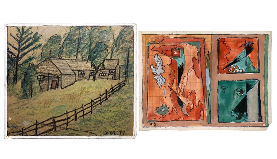 Rolph Scarlett (1889 - 1984): LOT OF TWO: "Untitled - Cabin"; 20th Century; Pastel on Paper; 8.25" x 9.5"; Signed Lower Right; Unframed . "Untitled - Abstract Studies"; 20th Century; Ink and Gouache on Paper; 6.75" 9.25"; Initiale