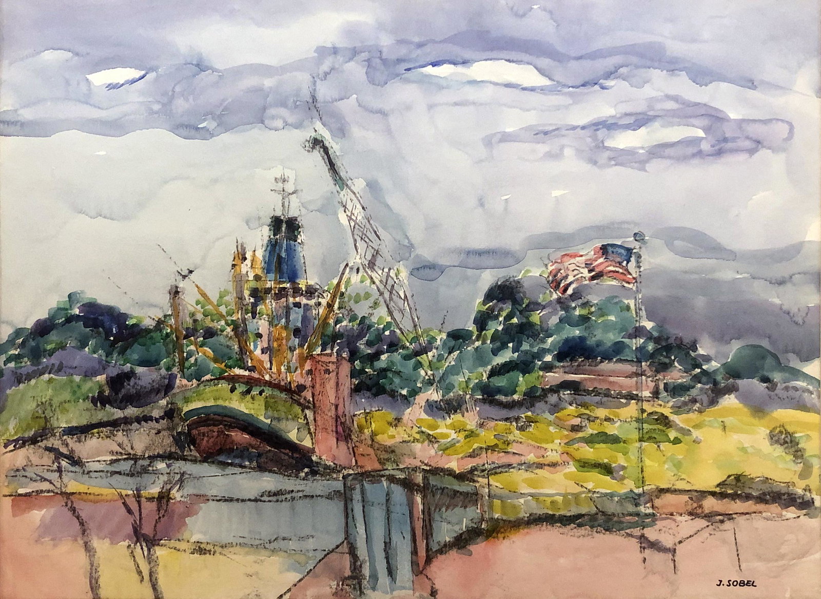 Jehudith Sobel (1924 -2012): "Rondout Area, Kingston, NY"; c. 1980; Watercolor on Paper; 18.5" x 23.5"; Signed Lower Right; Unframed
