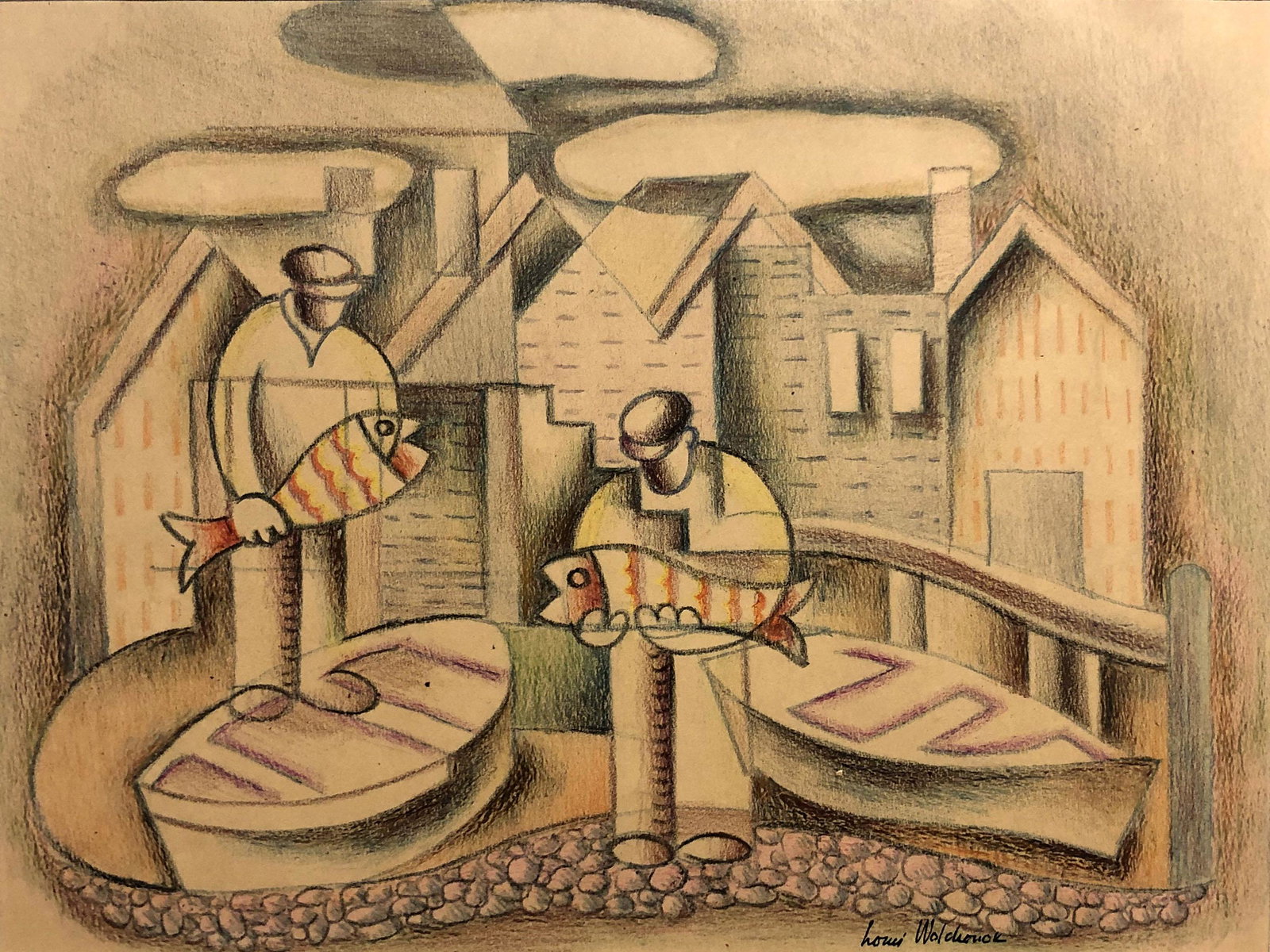 Louis Wolchonok (1898-1973): "Fishermen with Catch"; c. 1945; Colored Pencil on Paper; 8.5" x 11"' Signed Lower Right; Unframed