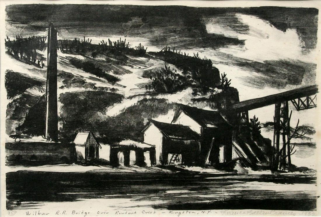 Florence Ballin Cramer (1884-1962): "Wilbur R.R. Bridge Over Roudout Creek - Kingston, NY"; 1932; Lithograph; 7.75" x 11.75"; Signed Lower Right; Framed. Note: Woodstock Artist Assosciation and Museum label on verso