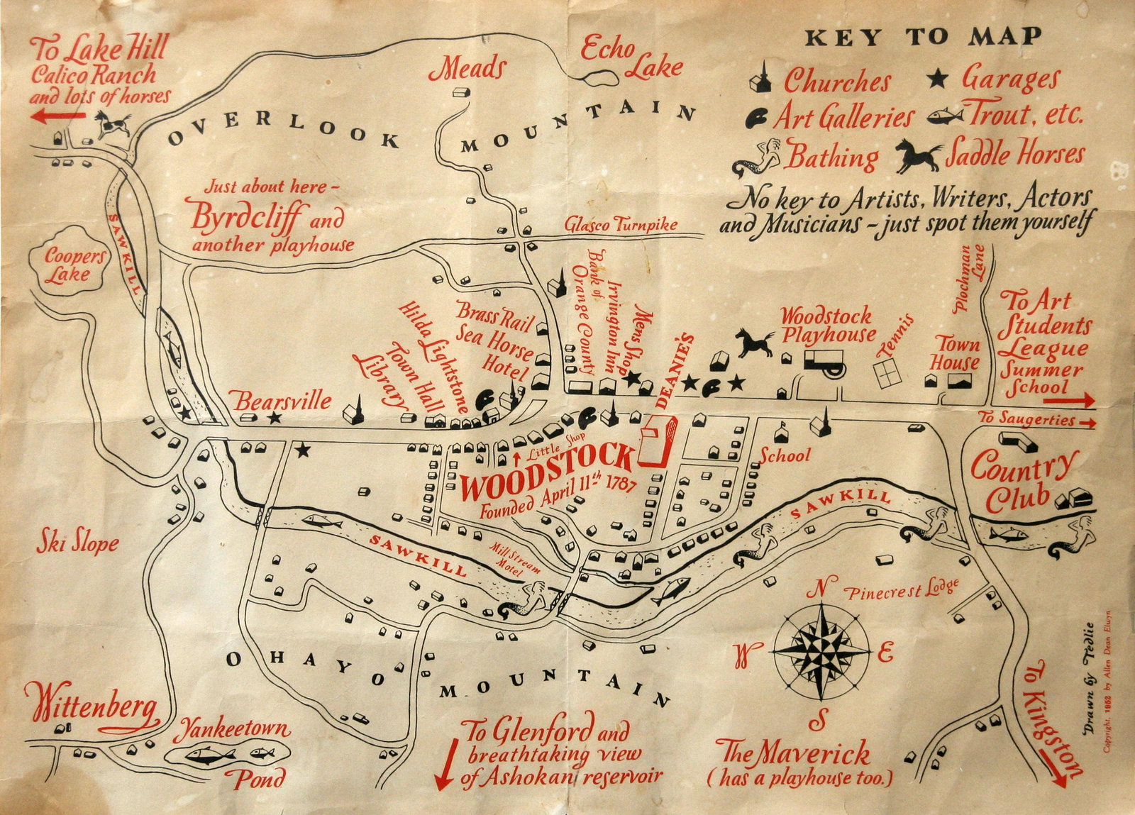 Tedlie: "Map of Woodstock, NY"; 1952; Lithograph; 11" x 14.75"; Signed Lower Right; Framed. Note: copyright 1952 by Allen Dean Elwyn (Deanies)