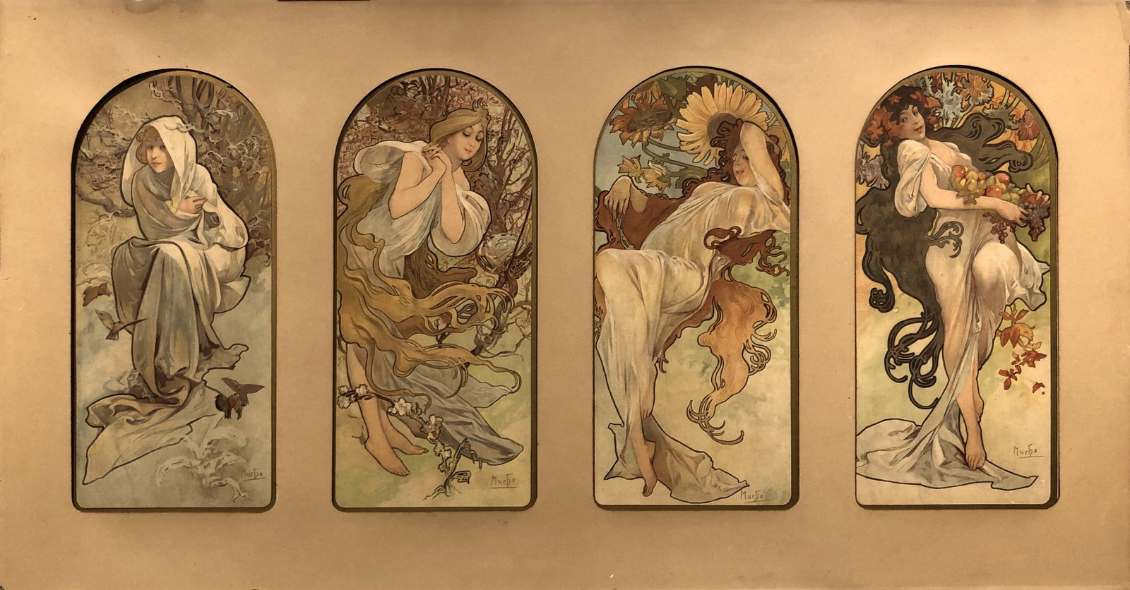After Alfons Mucha: "The Four Season"; c. 1920; Color Lithograph Mounted on Board; 17" x 3" (overall); Signed Lower Right in plate (each); Unframed. Notes: French publisher A. Bouchard label on verso 14 Rue Monsieur - Le