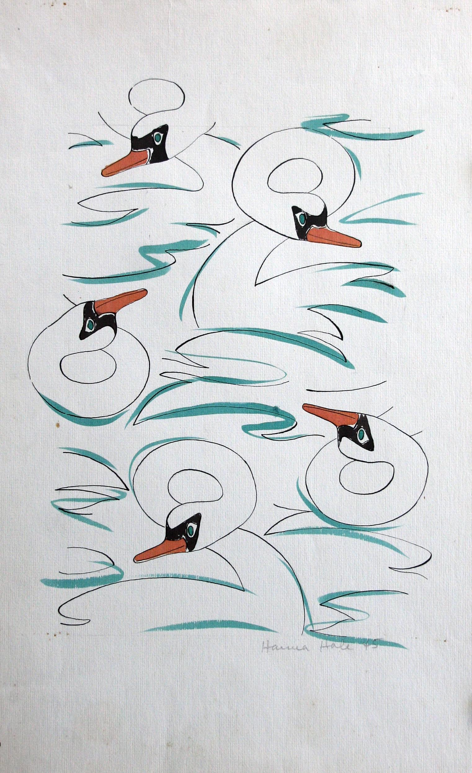 Hannah Hale: "Five Swans"; 1945; Gouache on Paper; 17" x 11.25"; Signed Lower Right; Unframed