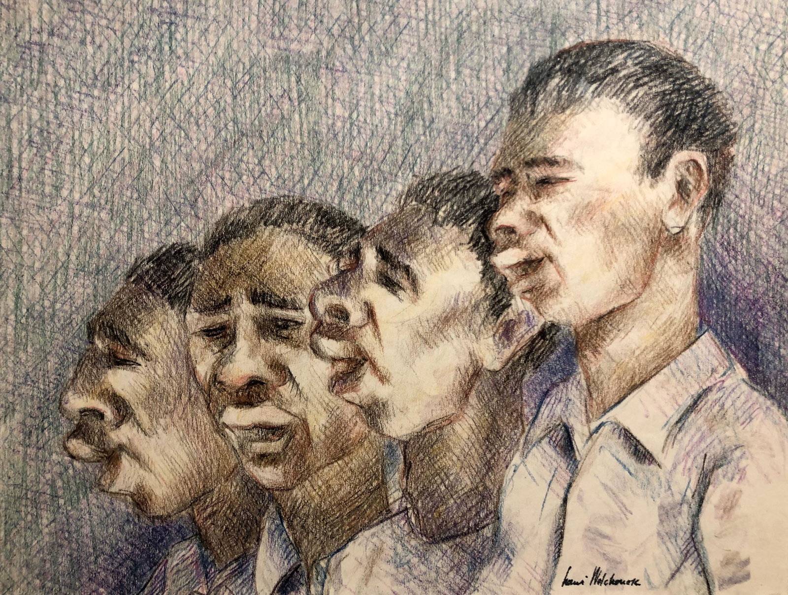 Louis Wolchonok (1898-1973): "Gospel Singers"; c. 1960; Colored Pencil on Paper; 10" x 13"; Signed Lower Right; Unframed