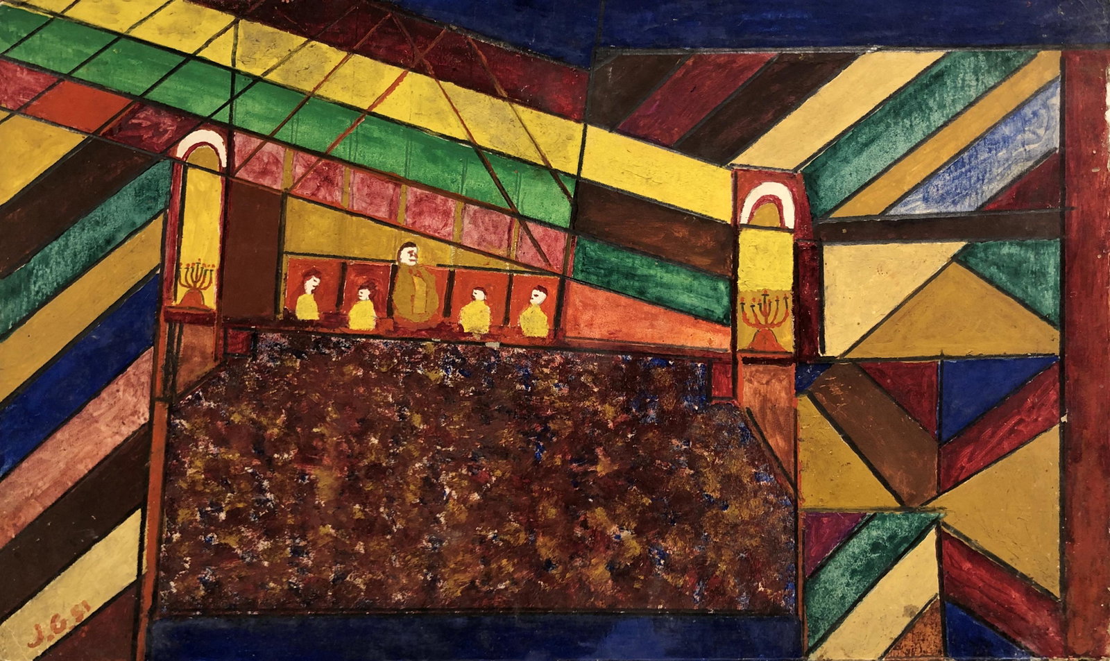 Joseph Garlock (1884 - 1980): "Synagogue Interior with Geometric Design"; 1951; Paint on Board; 12" x 19"; Signed Lower Left; Unframed