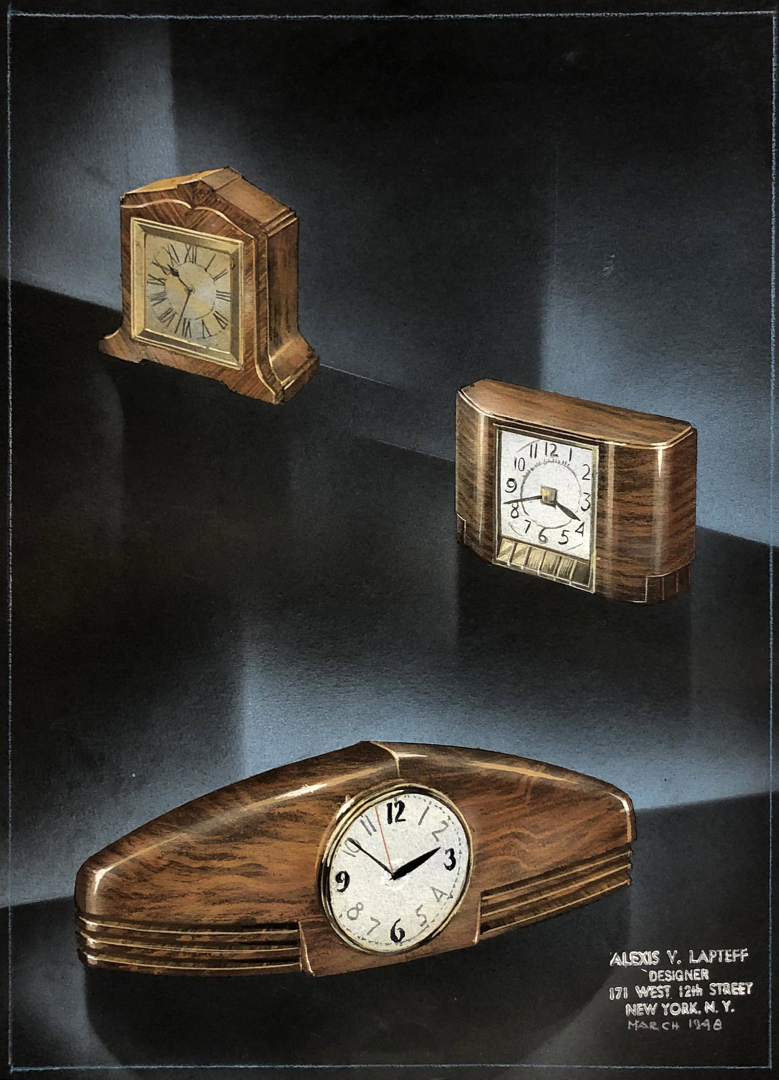 Alexis V. Lapteff (1905 - 1991): "Mantle Clocks" - Illustration; 1948; Gouache on Black Paper; 12" x 9"; Signed Lower Right