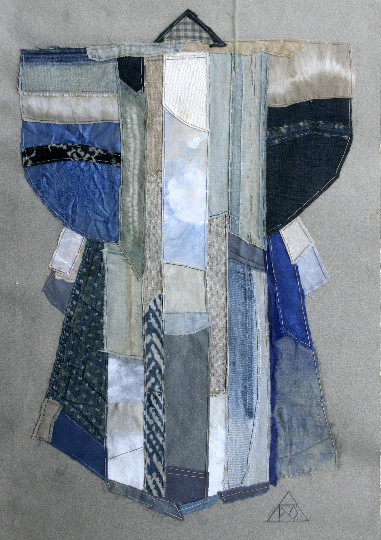 Pia Oste-Alexander (1932 - 2018): "Kimono"; c. 1990; Shibori and Jean Collage; 21.75" x 15.25"; Signed Lower Right; Framed