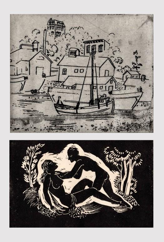 Konrad Cramer (1888 - 1963): LOT OF TWO: "Rondout Creek" Edition 2/4; c. 1930; Drypoint Etching; 3.25" x 3.875"; Signed Lower Right; Unframed. "Lovers" Edition 8/A; c. 1940; Linoleum Print; 4" x 6.5"; Signed Lower Right