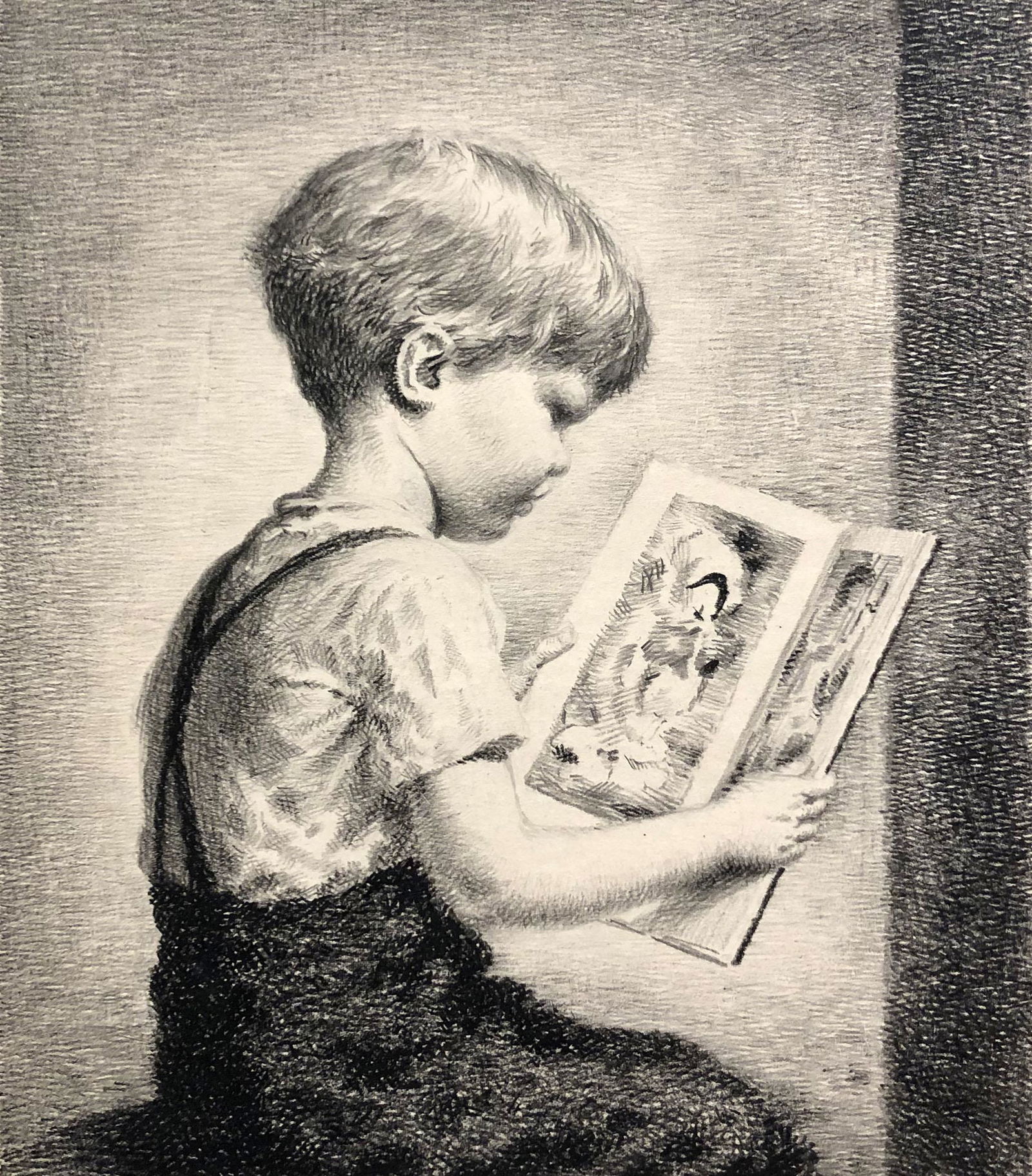 James Ormsbee Chapin (1887 - 1975): "The Picture Book" - Original Drawing; c. 1940; Charcoal on Paper; 10.25" x 9"; Signed Lower Right; Unframed
