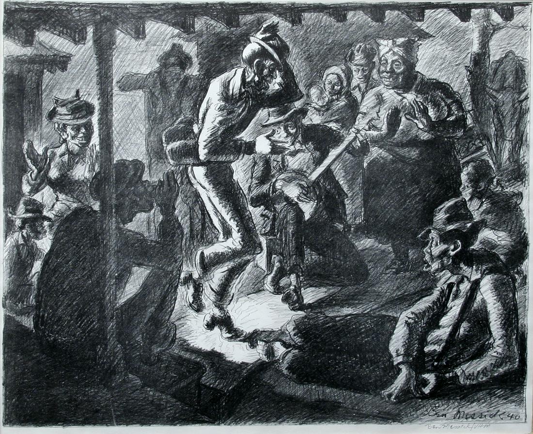 Ben Messick (1901 - 1981): "Plantation Party"; 1940; Lithograph; 14.5" x 17.75"; Signed Lower Right; Framed. Note: Sullivan Gloss, Ltd and Carleton - Kirkegaard Framers label on verso
