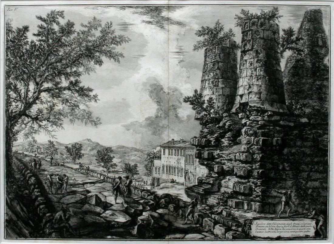 Giovanni Battista Piranesi (After; 1720 - 1778): "Tomb wrongly called that of the Horatii and Curatii, Antichita dâ€™ Albano e di Castel Gandolfo"; c. 1760; Engraving; 15" x 21". Framed. Note: Descriptive legend and name lower right