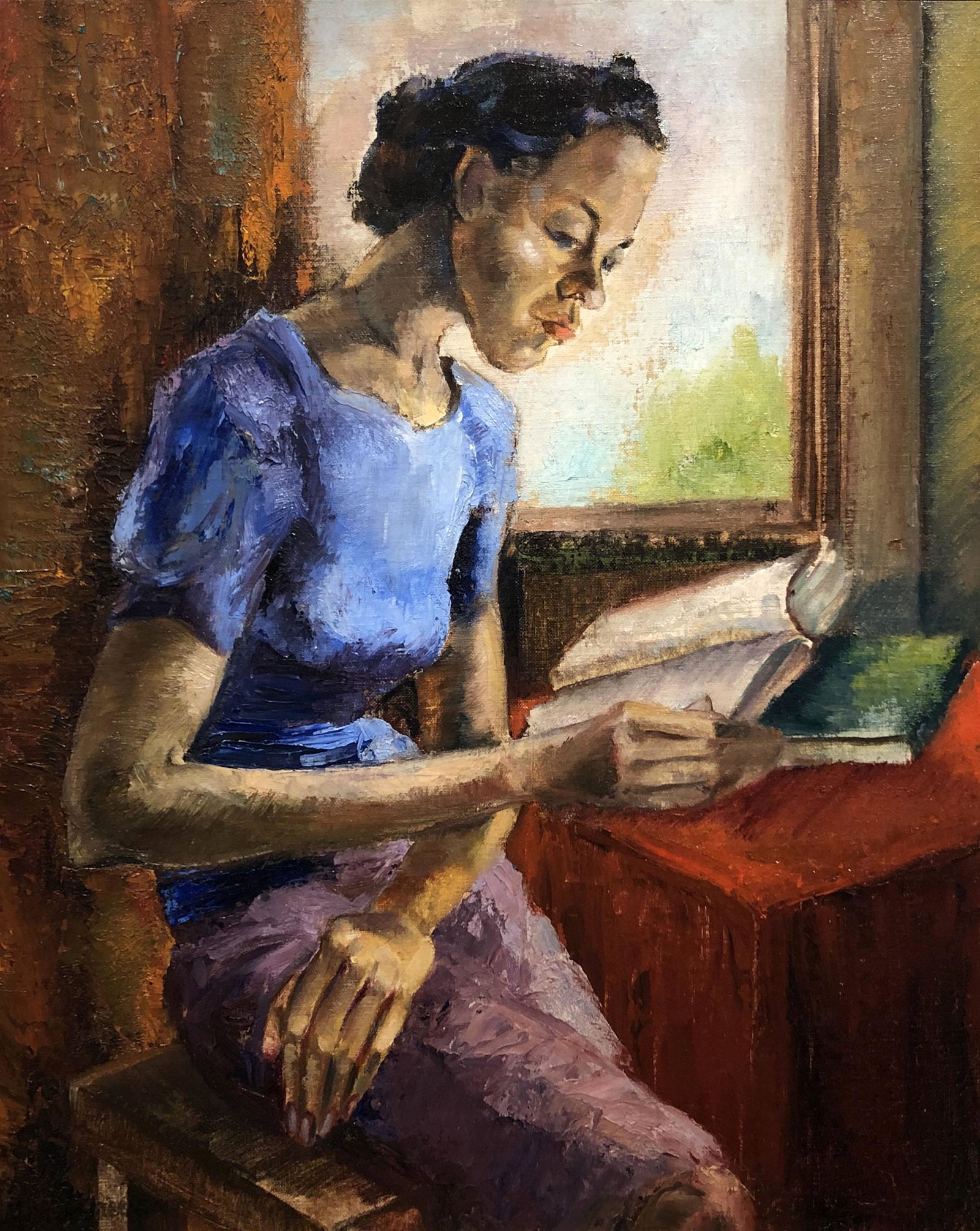 Marion Greenwood (1909 - 1970): "Portrait of a Woman Reading"; c. 1950; Oil on Board; 19.75" x 15.5"; Signed Lower Left; Framed