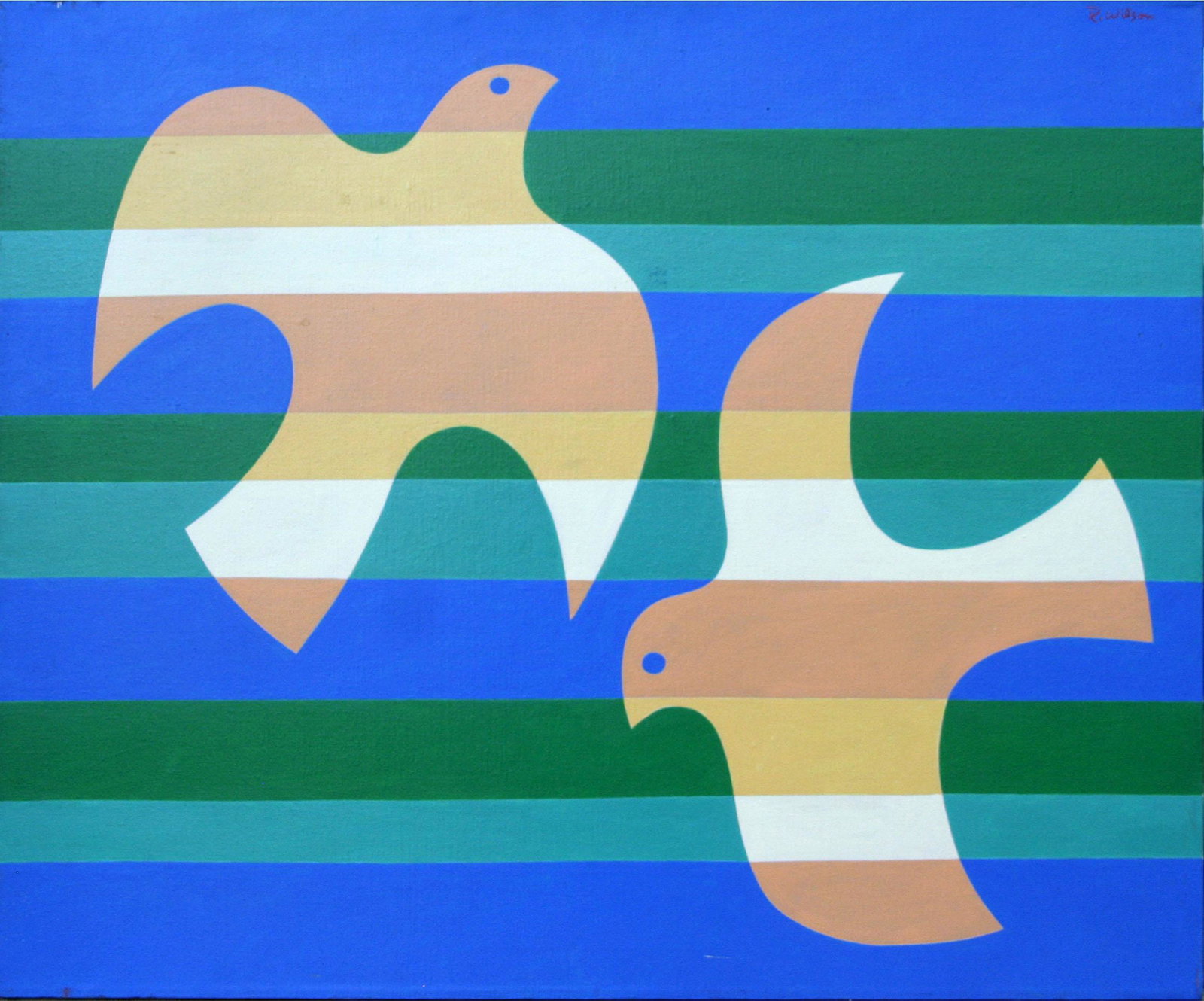 Reginald Wilson (1909 - 1993): "Two Birds"; c. 1975; Acrylic on Canvas; 30" x 36"; Signed Upper Right; Unframed. Provenance: Woodstock School of Art