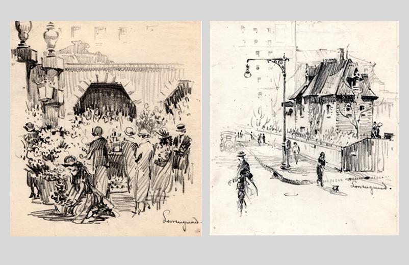 Margaret Lowengrund (1902 - 1957): LOT OF TWO: "Flower Market, Paris" and "Street Scene"; c. 1927; Charcoal on Paper; 9.25" x 8"; Signed Lower Right (each)