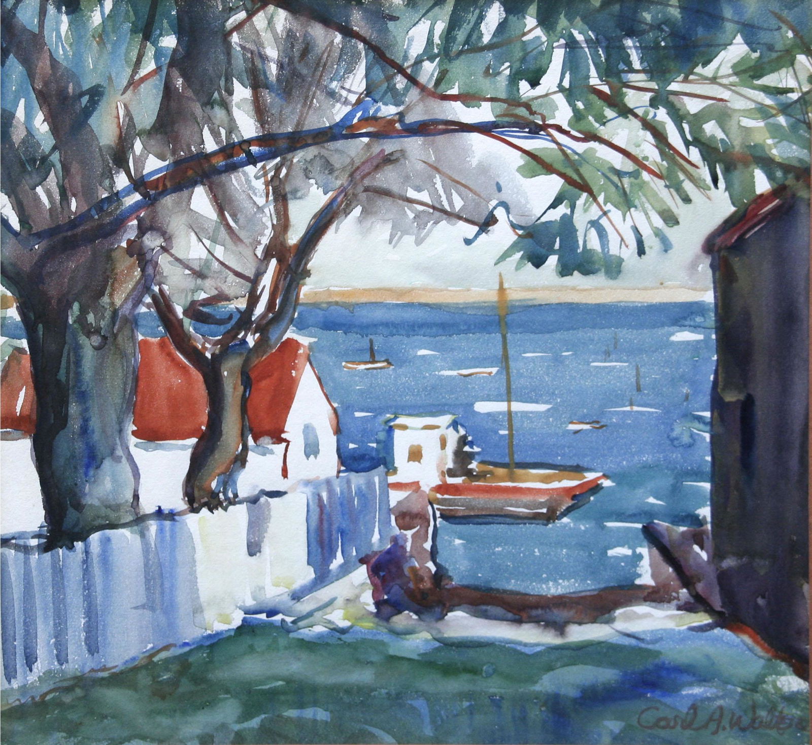 Carl Walters (1883 - 1955): "Ocean View"; c. 1930; Watercolor on Paper; 11.75" x 12.5"; Signed Lower Right; Framed