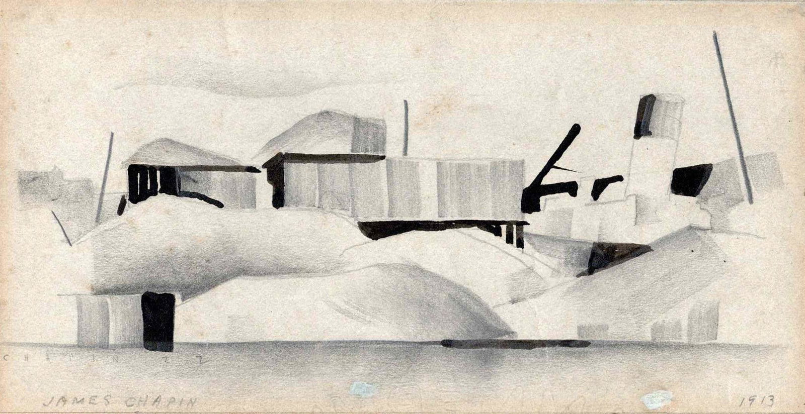 James Ormsbee Chapin (1887 - 1975): "Sand Piles on a Wharf"; 1913; Pencil and Ink on Paper; 3.75" x 7"; Signed Lower Left