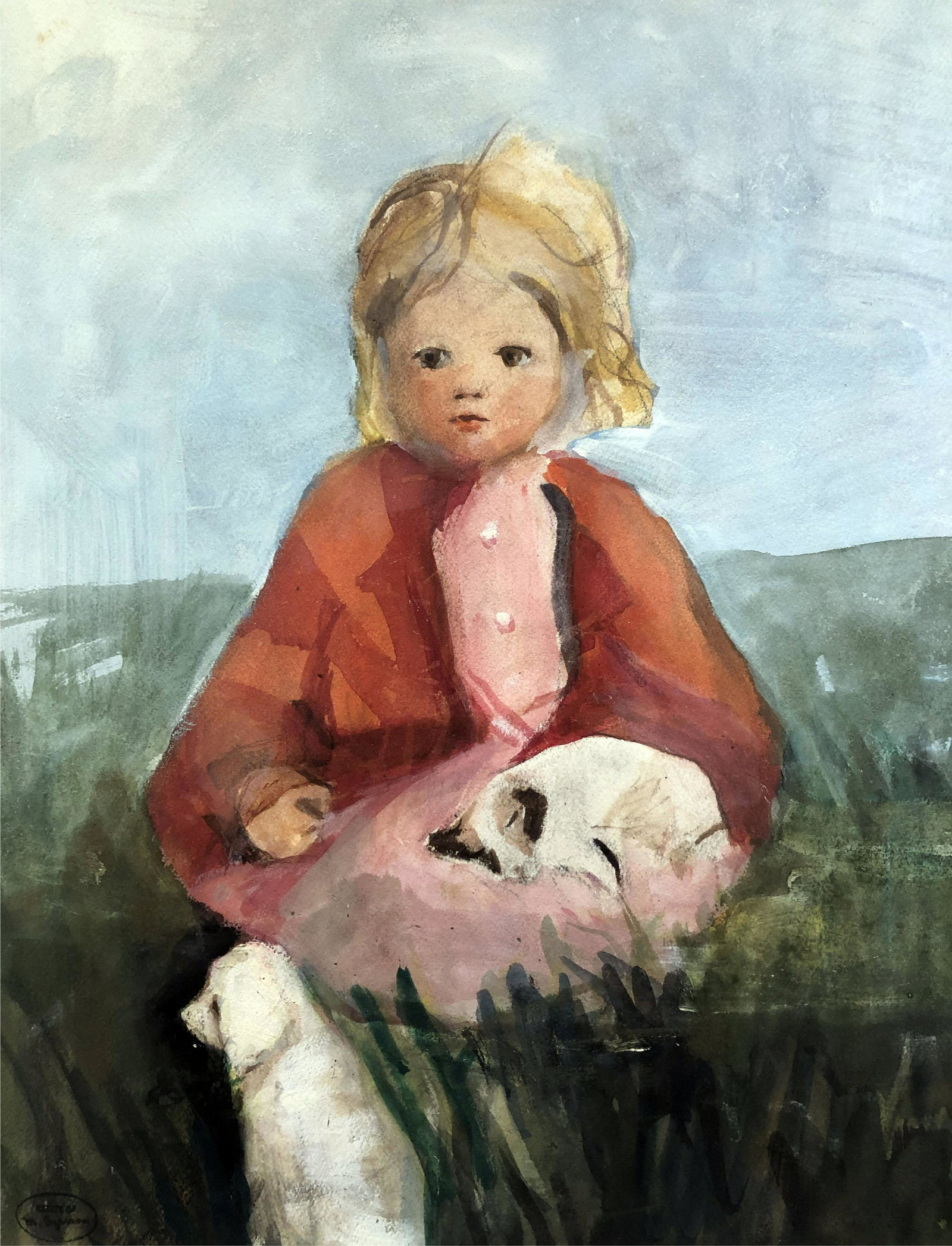 Margery Ryerson (1886 - 1989): "Young Girl with Puppies"; c. 1940; Watercolor on Paper; 20" x 18"; Estate Stamp Lower Left; Unframed